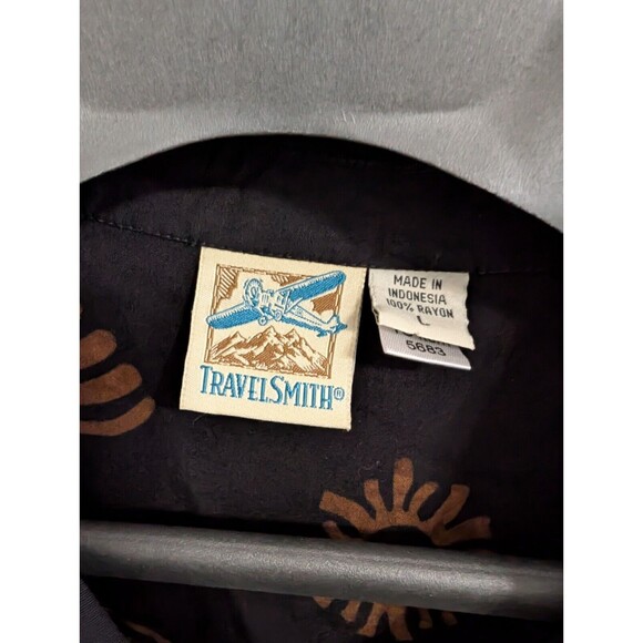 Vintage TravelSmith Black Tan Pattern Button Up Top Large L Womens - Picture 3 of 13